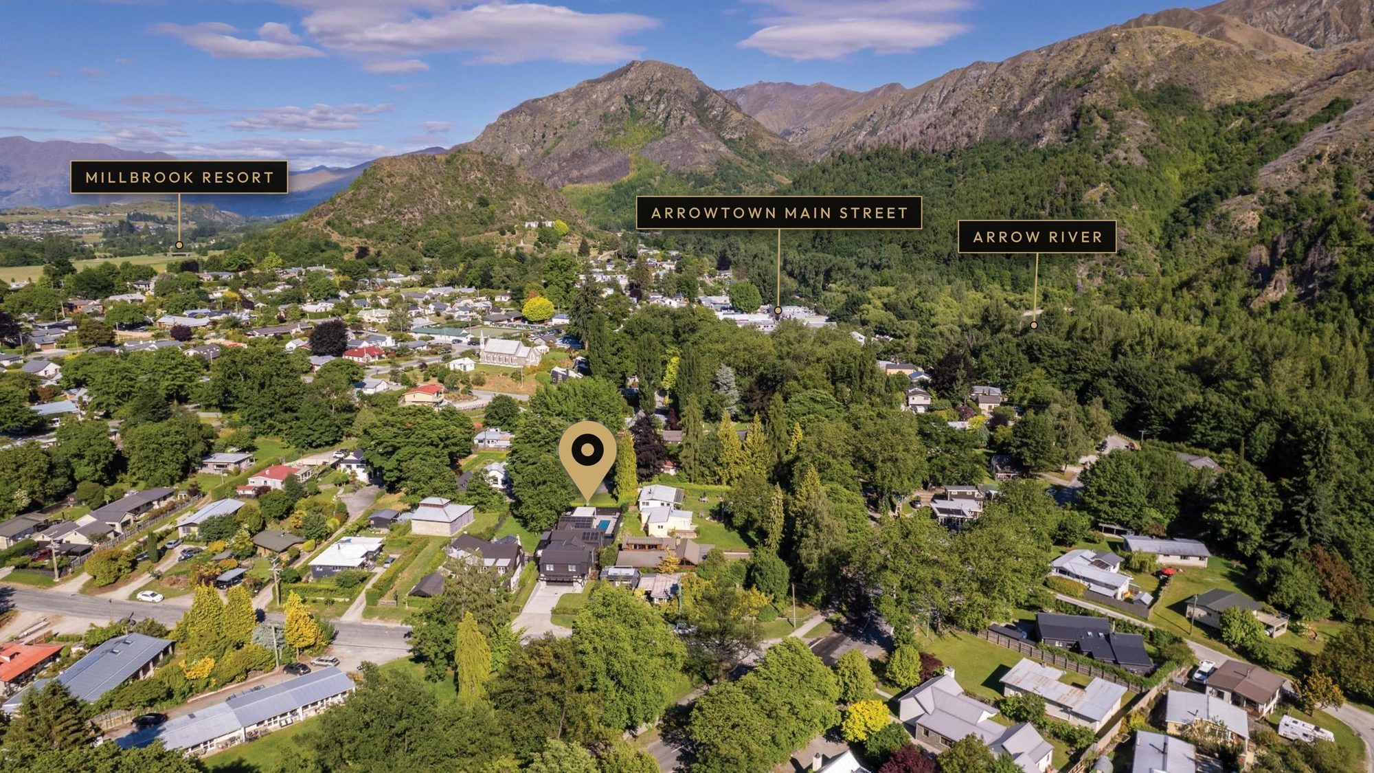 Aerial view of Arrowtown showing Cardigan Street, Millbrook Resort and the Arrow River