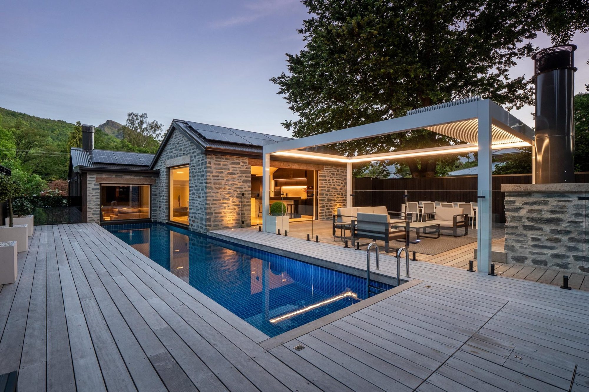 Cardigan Street residence and lap pool at dusk, Arrowtown